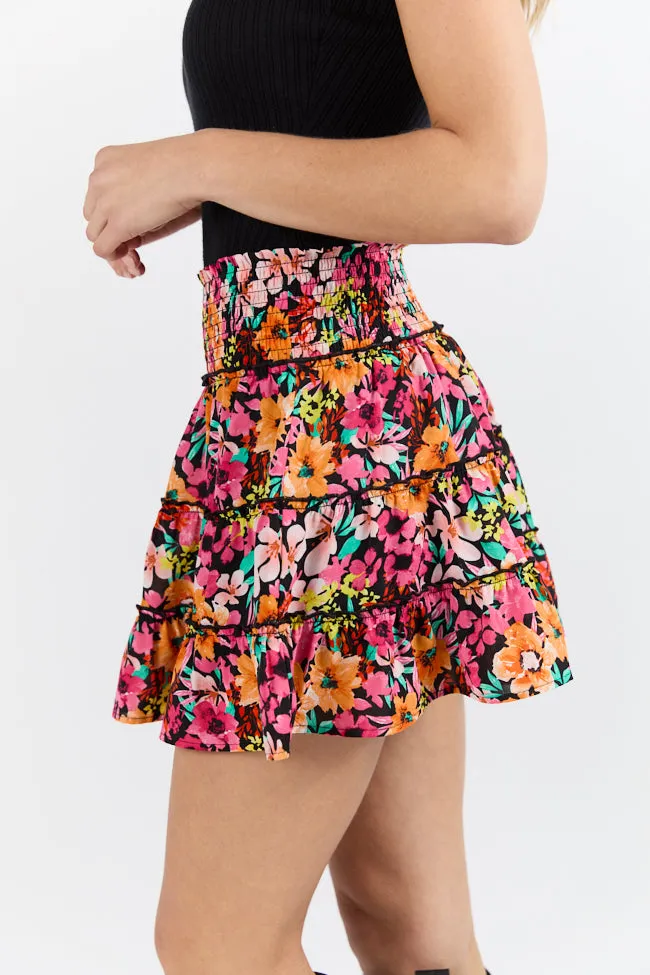 Through The Garden Black Multi Color Floral Mini Skort,Women Skirts Comfort