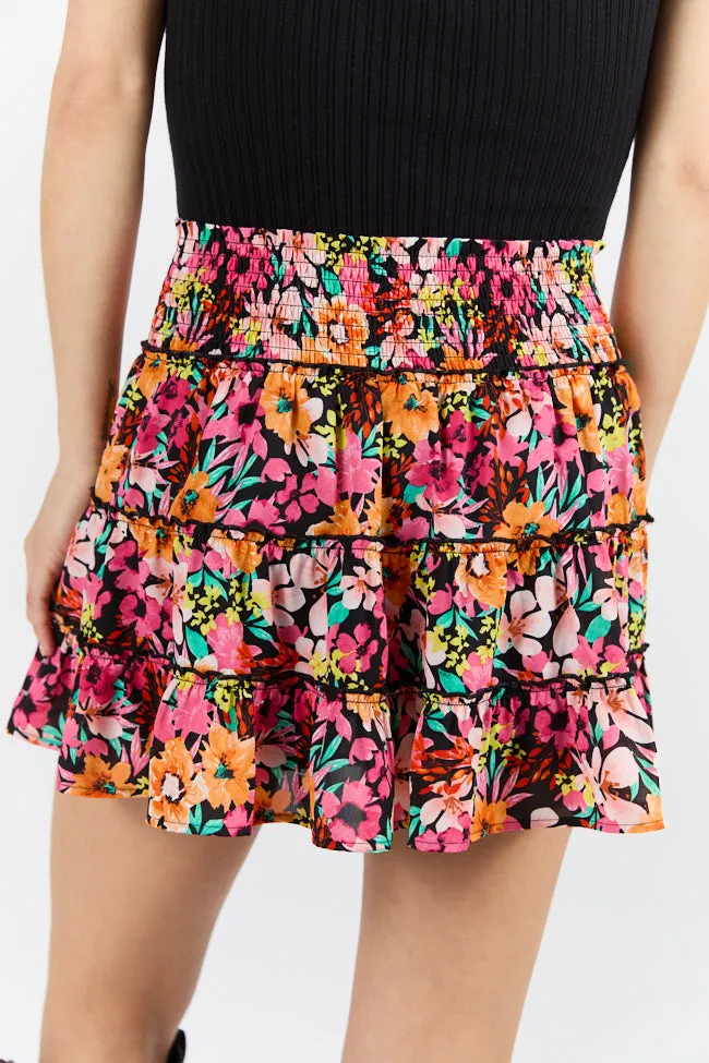 Through The Garden Black Multi Color Floral Mini Skort,Women Skirts Comfort