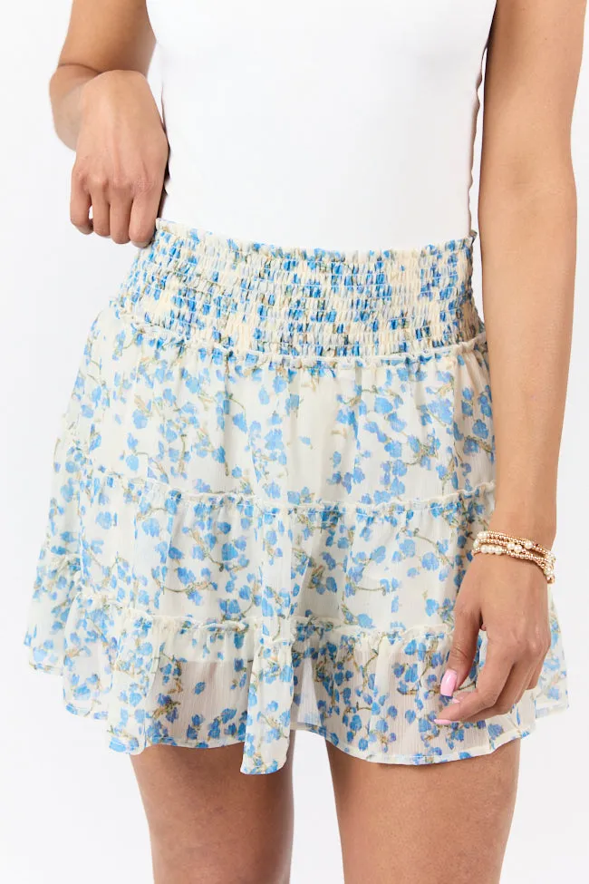 Through The Garden Blue Multi Color Floral Mini Skort,Women Skirts Comfort