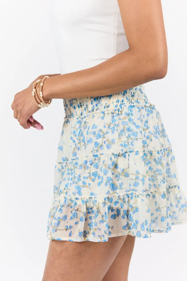 Through The Garden Blue Multi Color Floral Mini Skort,Women Skirts Comfort