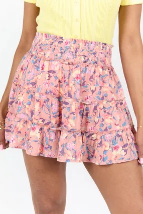 Through The Garden Coral Multi Color Floral Mini Skort,Women Skirts Comfort