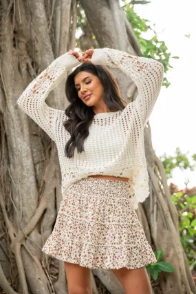 Through The Garden Ivory and Brown Floral Mini Skort,Women Skirts Comfort