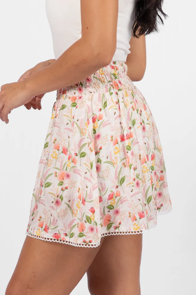 Through The Garden Ivory Multi Floral Eyelet Trim Mini Skort,Women Skirts Comfort