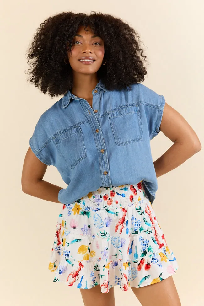 Through The Garden Ivory Multi Icon Mini Skort,Women Skirts Comfort
