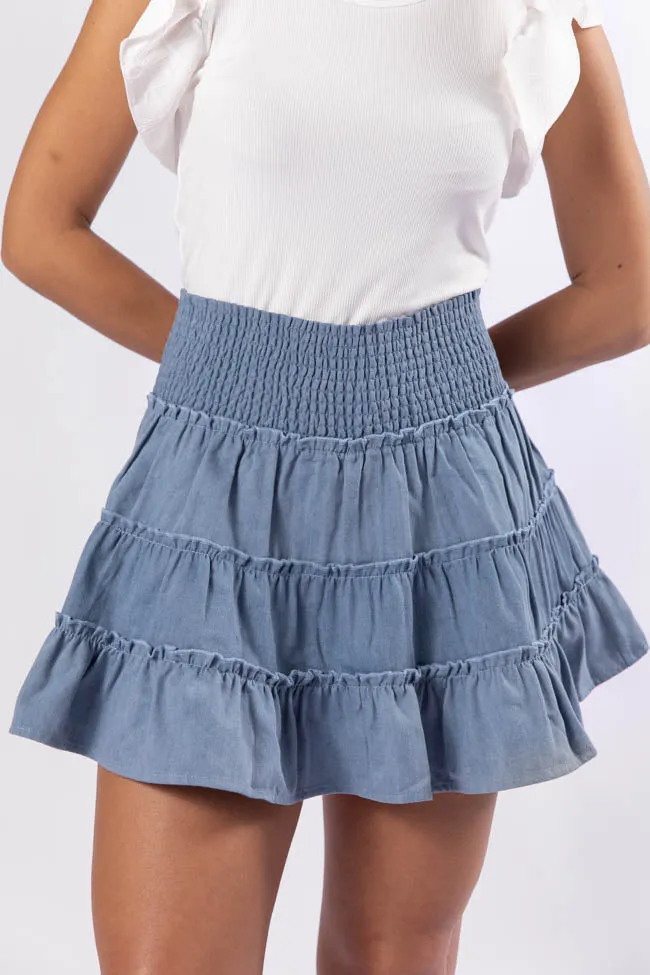 Through The Garden Medium Wash Chambray Mini Skort,Women Skirts Comfort