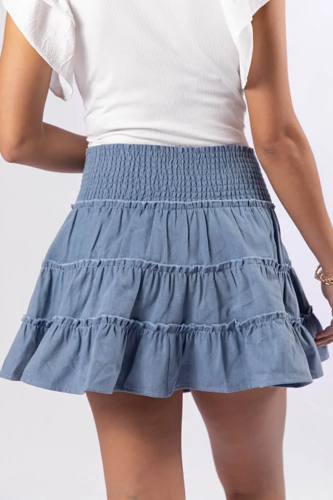 Through The Garden Medium Wash Chambray Mini Skort,Women Skirts Comfort