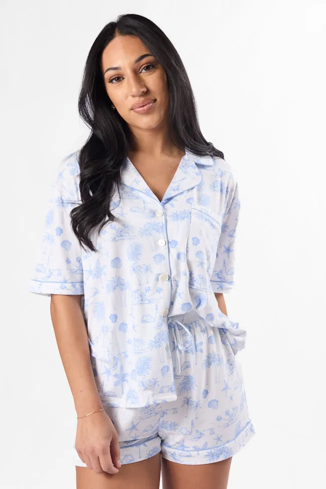 Under the Stars Blue Coastal Toile Pajama Shorts,Women Pants