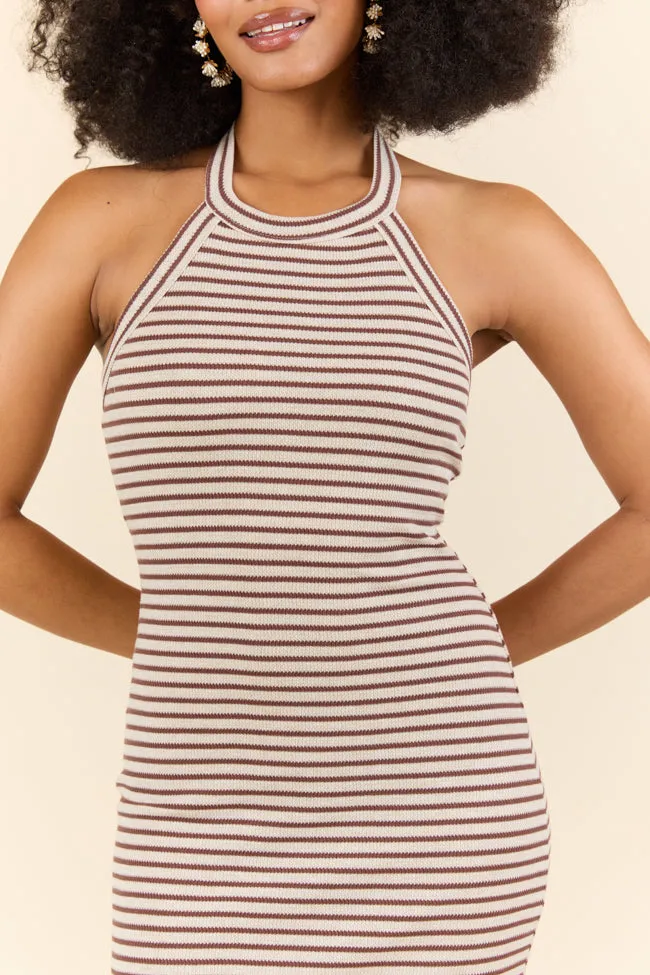 Walk By The Water Brown Striped Knit Razor Back Dress,Daily Outfit