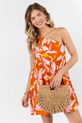 Walking On Sunshine Floral Printed One Shoulder Dress,Daily Outfit