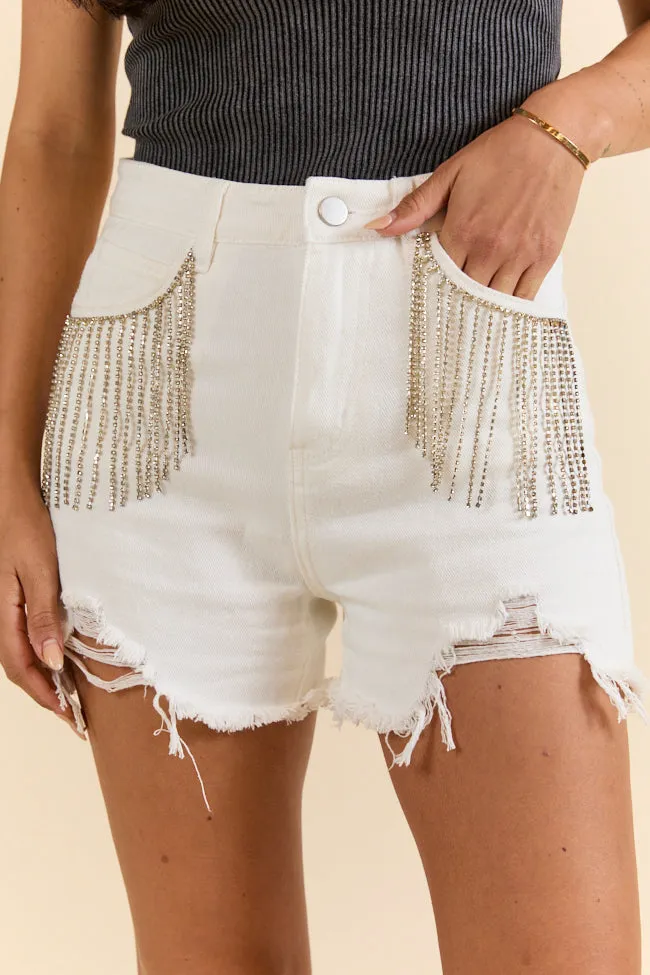Watermelon Crawl White Distressed Rhinestone Fringe Denim Shorts,Women Shorts