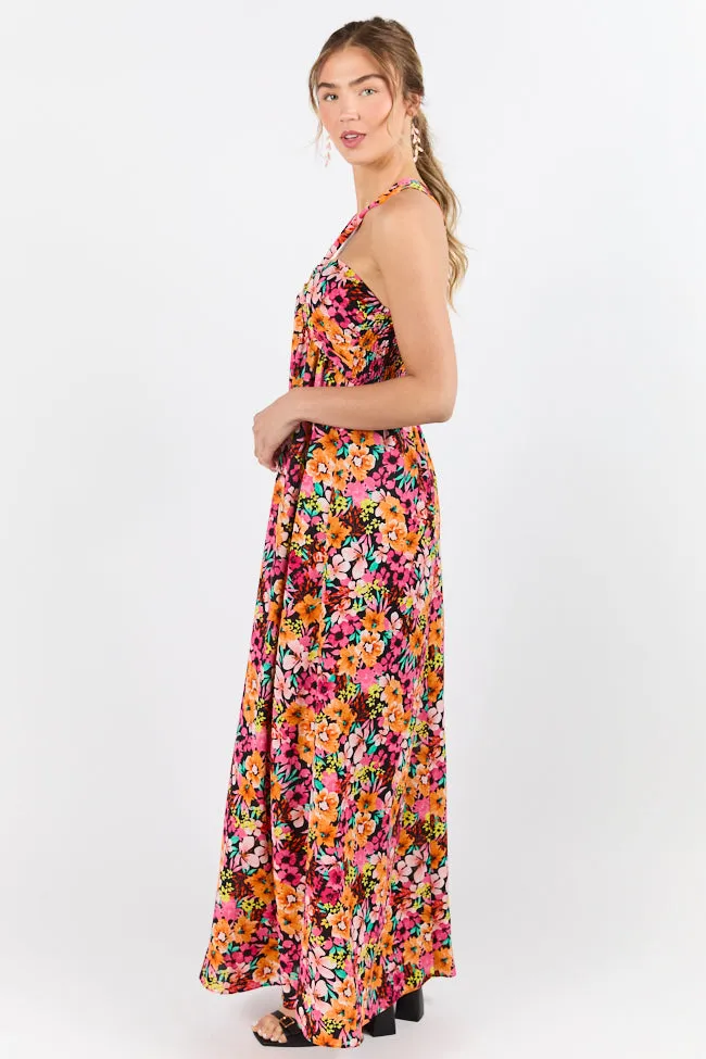 Waterside Elegance Multi Floral Halter Neck Maxi Dress SALE,Daily Outfit