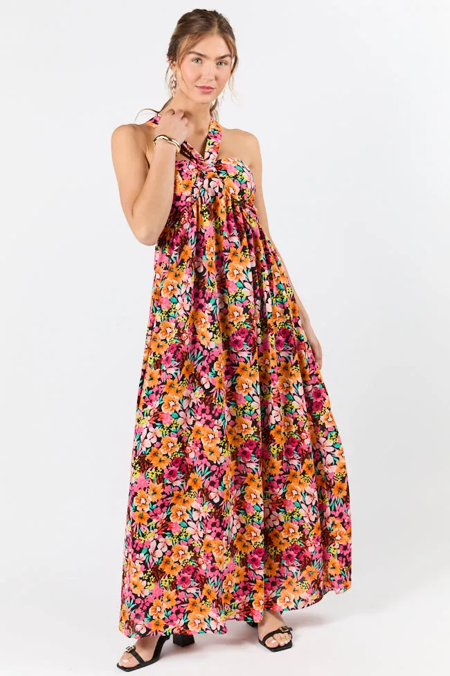 Waterside Elegance Multi Floral Halter Neck Maxi Dress SALE,Daily Outfit