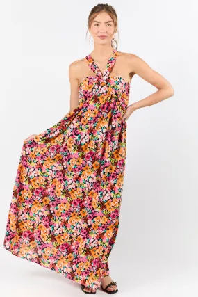 Waterside Elegance Multi Floral Halter Neck Maxi Dress SALE,Daily Outfit