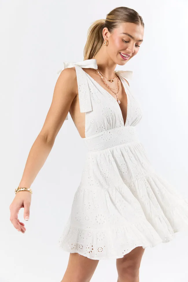 Wear With Love White Tie Shoulder Eyelet Dress,Daily Outfit