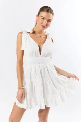 Wear With Love White Tie Shoulder Eyelet Dress,Daily Outfit