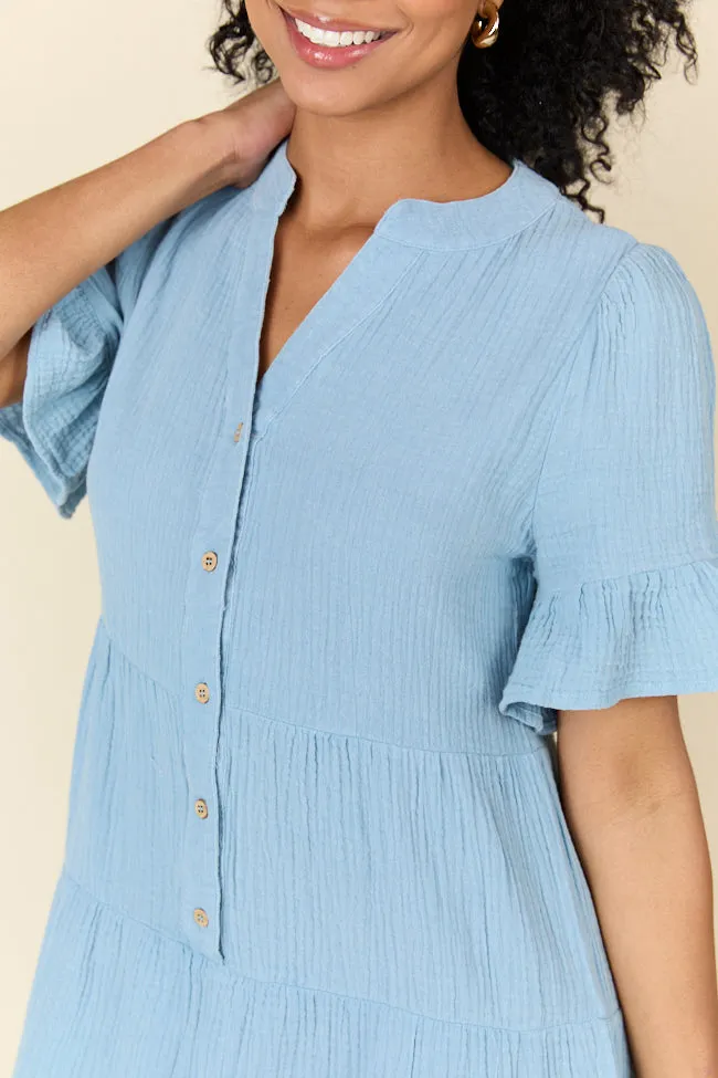 Weekend Wander Blue Gauze Mini Dress SALE,Daily Outfit
