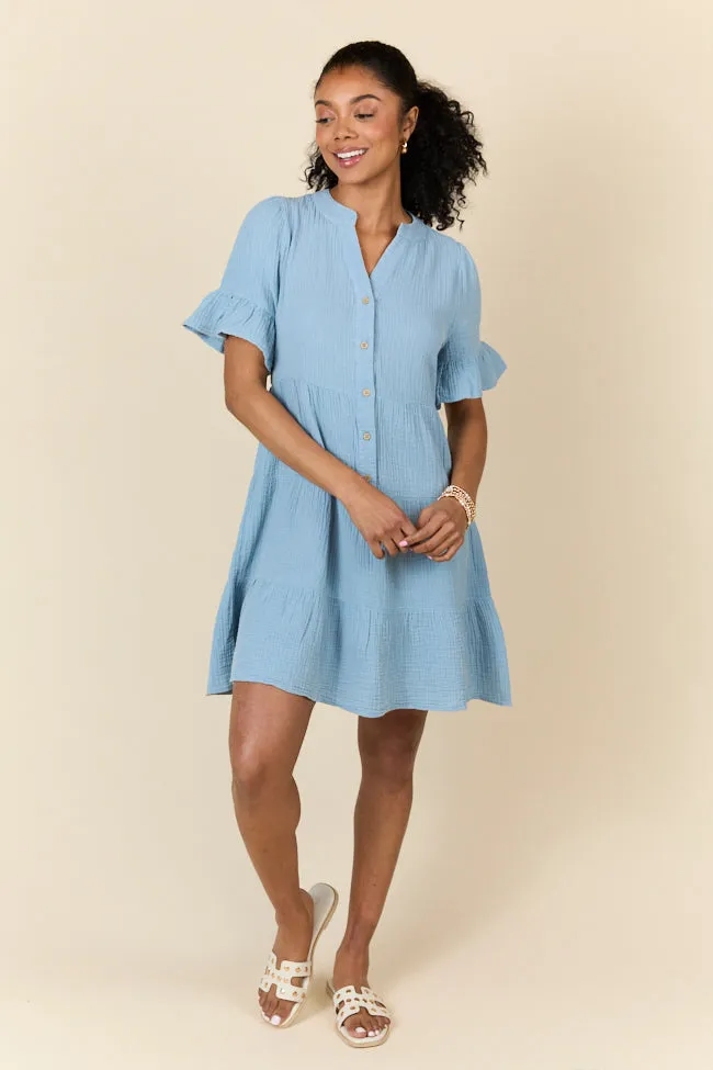 Weekend Wander Blue Gauze Mini Dress SALE,Daily Outfit