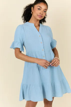 Weekend Wander Blue Gauze Mini Dress SALE,Daily Outfit