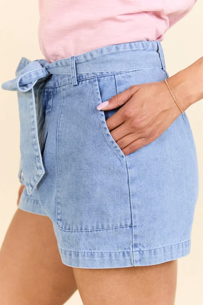 Wherever You Are Light Wash Belted Denim Shorts,Women Shorts