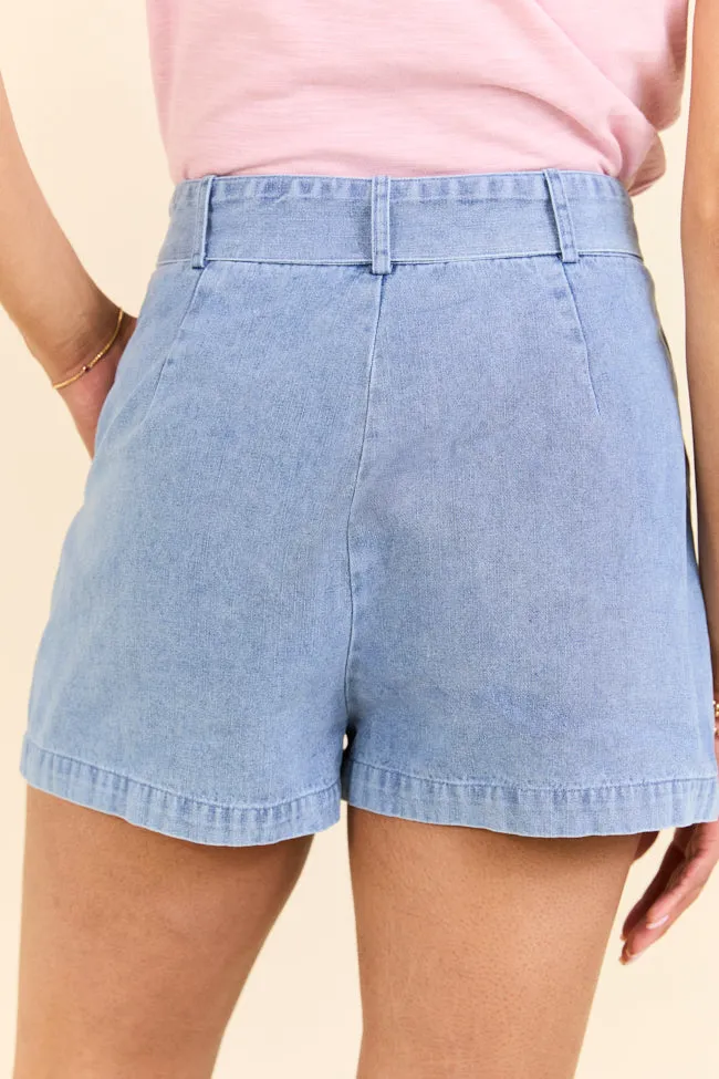 Wherever You Are Light Wash Belted Denim Shorts,Women Shorts