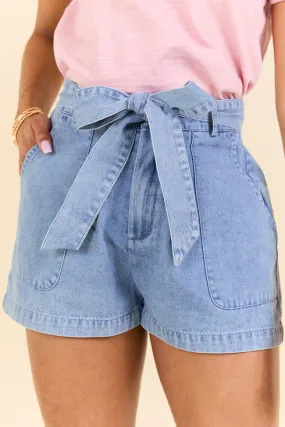 Wherever You Are Light Wash Belted Denim Shorts,Women Shorts