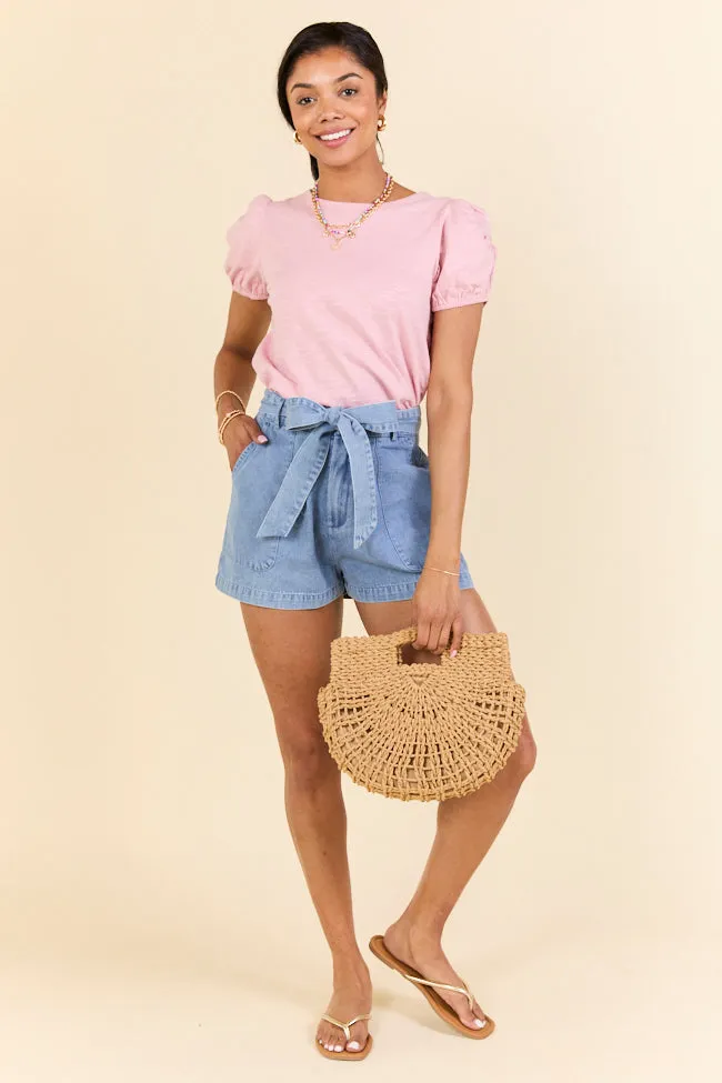 Wherever You Are Light Wash Belted Denim Shorts,Women Shorts